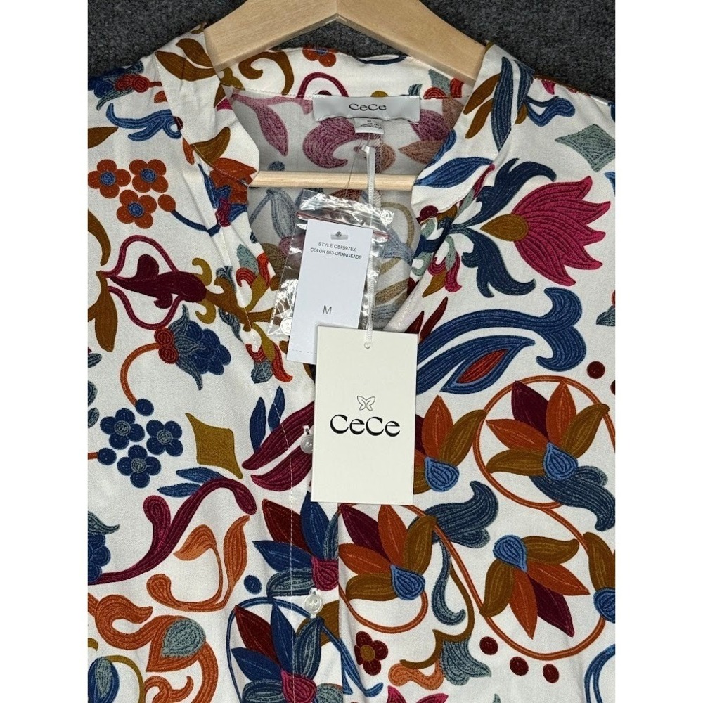 CeCe Womens Floral Paisley Tie Front Button Down Blouse Orangeade C875978X M NEW - Picture 2 of 9